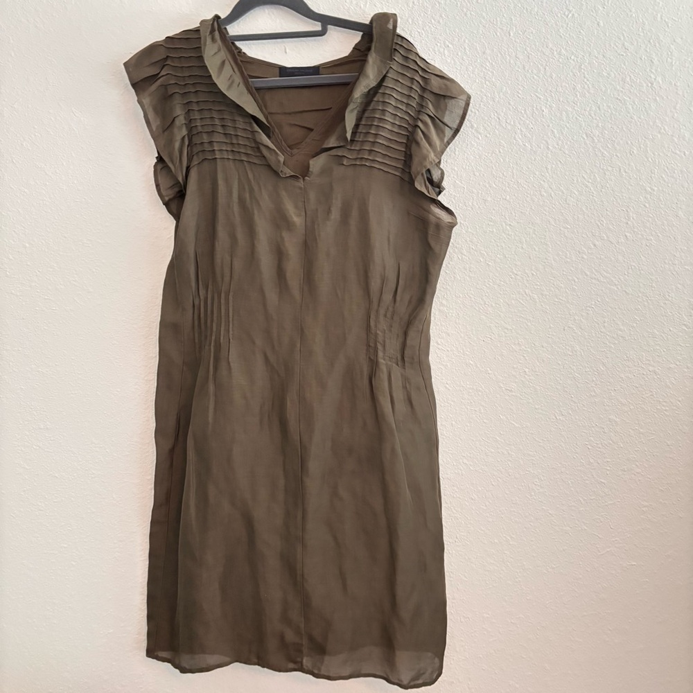 Bruuns Bazaar Copenhagen Olive Green Dress Ruffles Linen/Silk Blend, size 38